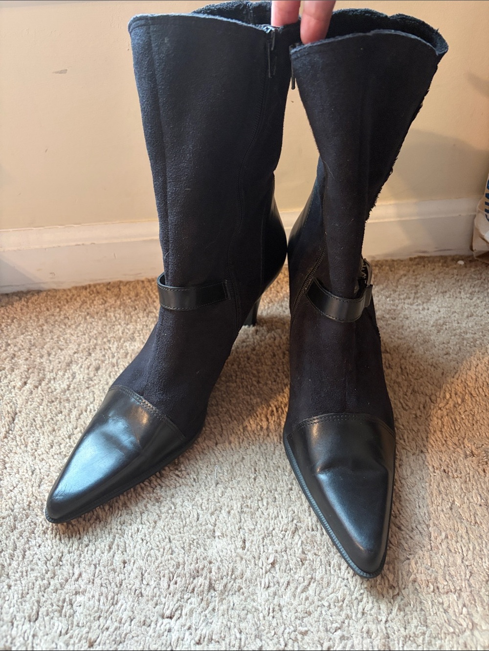 Franco Sarto Black Pointed Toe Suede & Leather Mid-Calf Boots